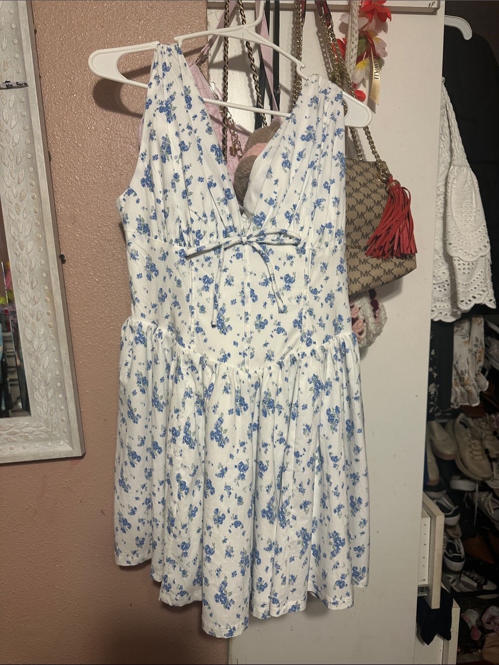 Blue Floral Tie-Front Mini Dress - White & Blue